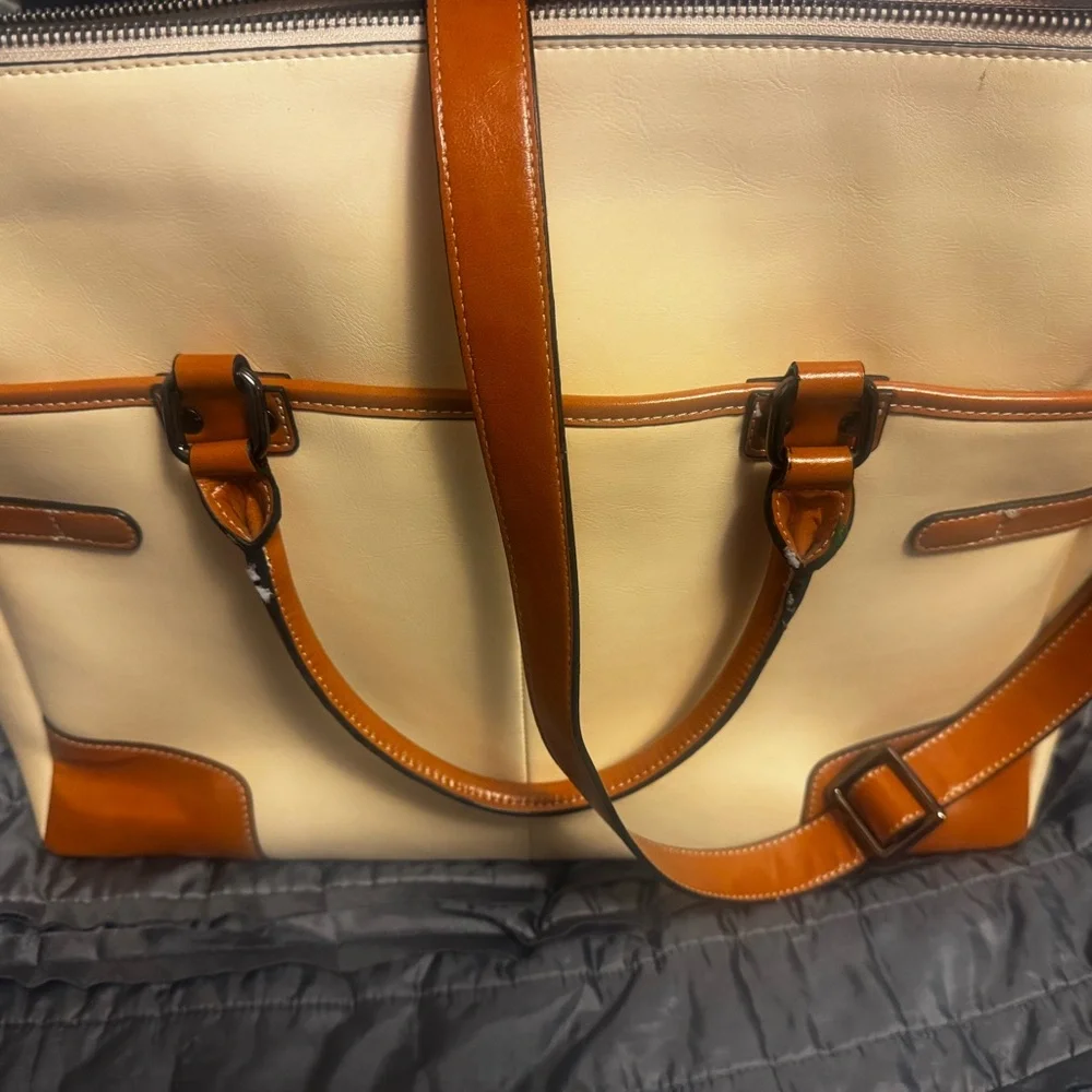 Bostonian Cream and Brown Two-Tone Satchel with Top Handles